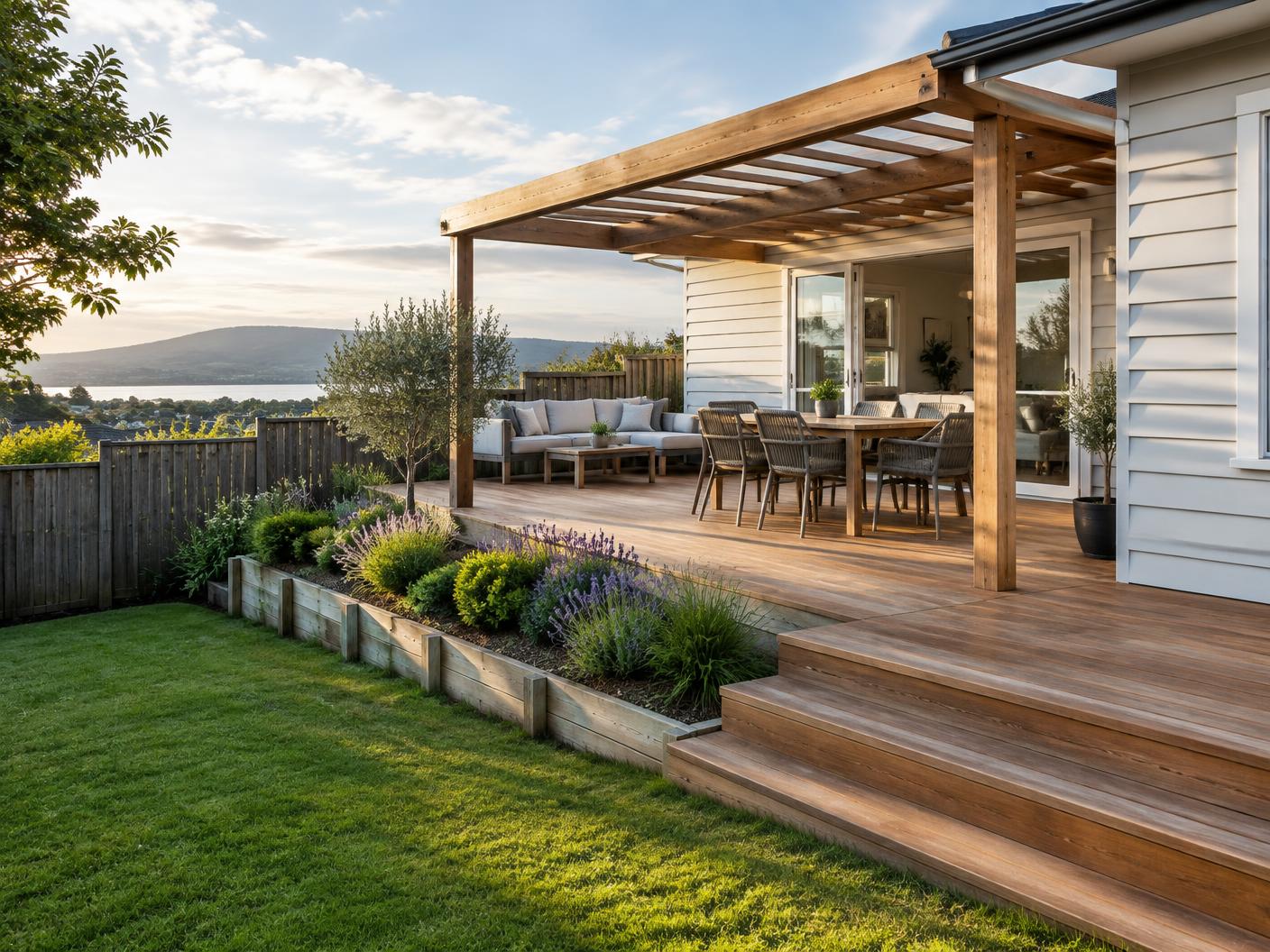 New timber deck, pergola and landscaped outdoor living area